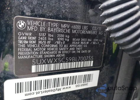 2011 BMW X3 xDrive28I из США, поврежденный, VIN 5UXWX5C59BL700755